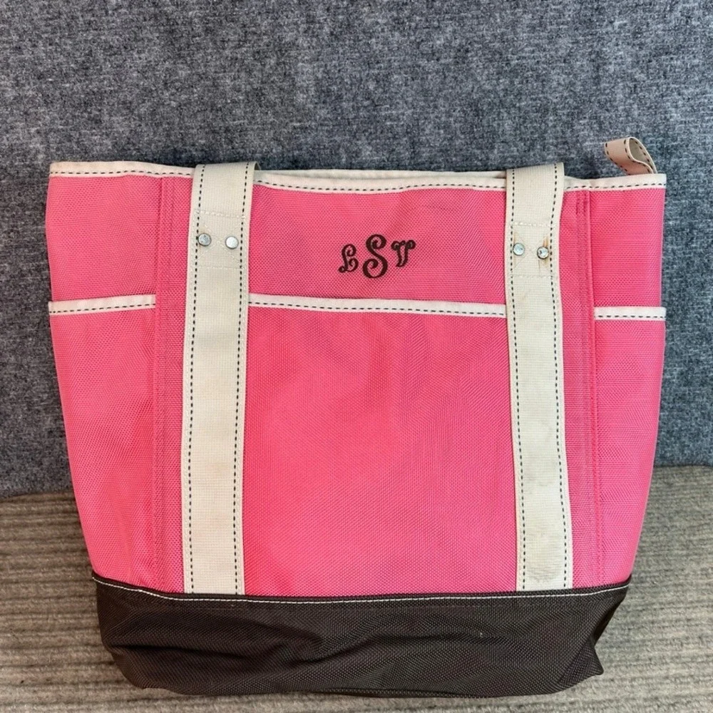 Lands End Pink Canvas Tote Bag Monogram LSV Zip Top Medium Travel Beach Bag